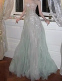 Ndyad A-Line Sequined Tulle Strapless Long Prom Dress Adult Ceremony Prom Dress HZ1024
