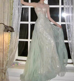 Ndyad A-Line Sequined Tulle Strapless Long Prom Dress Adult Ceremony Prom Dress HZ1024