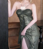 Ndyad Forest Green Spaghetti Straps Long Prom Dresses Glitter Chiffon Beaded Elegant Party Dresses HZ1024