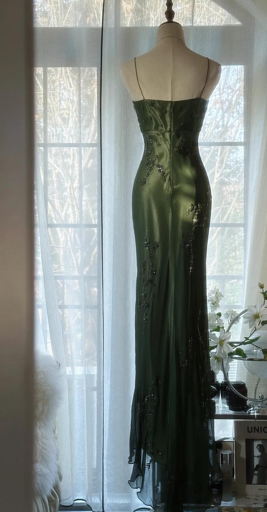 Ndyad Forest Green Spaghetti Straps Long Prom Dresses Glitter Chiffon Beaded Elegant Party Dresses HZ1024
