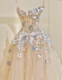 Ndyad Champagne A-Line Spaghetti Straps Tulle Applique Long Prom Dress Sweet Wedding Dress HZ1024