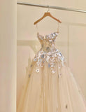 Ndyad Champagne A-Line Spaghetti Straps Tulle Applique Long Prom Dress Sweet Wedding Dress HZ1024