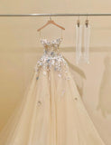 Ndyad Champagne A-Line Spaghetti Straps Tulle Applique Long Prom Dress Sweet Wedding Dress HZ1024