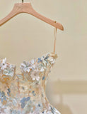 Ndyad Champagne A-Line Spaghetti Straps Tulle Applique Long Prom Dress Sweet Wedding Dress HZ1024