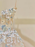 Ndyad Champagne A-Line Spaghetti Straps Tulle Applique Long Prom Dress Sweet Wedding Dress HZ1024