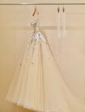 Ndyad Champagne A-Line Spaghetti Straps Tulle Applique Long Prom Dress Sweet Wedding Dress HZ1024