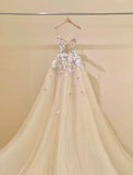 Ndyad Champagne A-Line Spaghetti Straps Tulle Applique Long Prom Dress Sweet Wedding Dress HZ1024