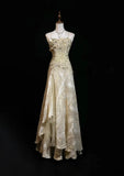 Ndyad A-Line Spaghetti Strap Satin Lace Long Prom Dress with Beaded Appliques HZ1024
