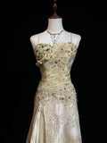 Ndyad A-Line Spaghetti Strap Satin Lace Long Prom Dress with Beaded Appliques HZ1024