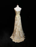 Ndyad A-Line Spaghetti Strap Satin Lace Long Prom Dress with Beaded Appliques HZ1024