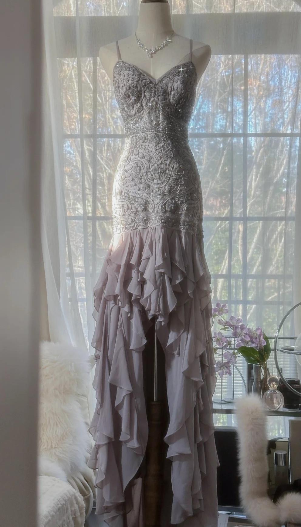 Ndyad Purple Spaghetti Strap Appliques Bodycon Open Back Evening Dresses Chiffon Sequin Long Prom Dresses HZ1024