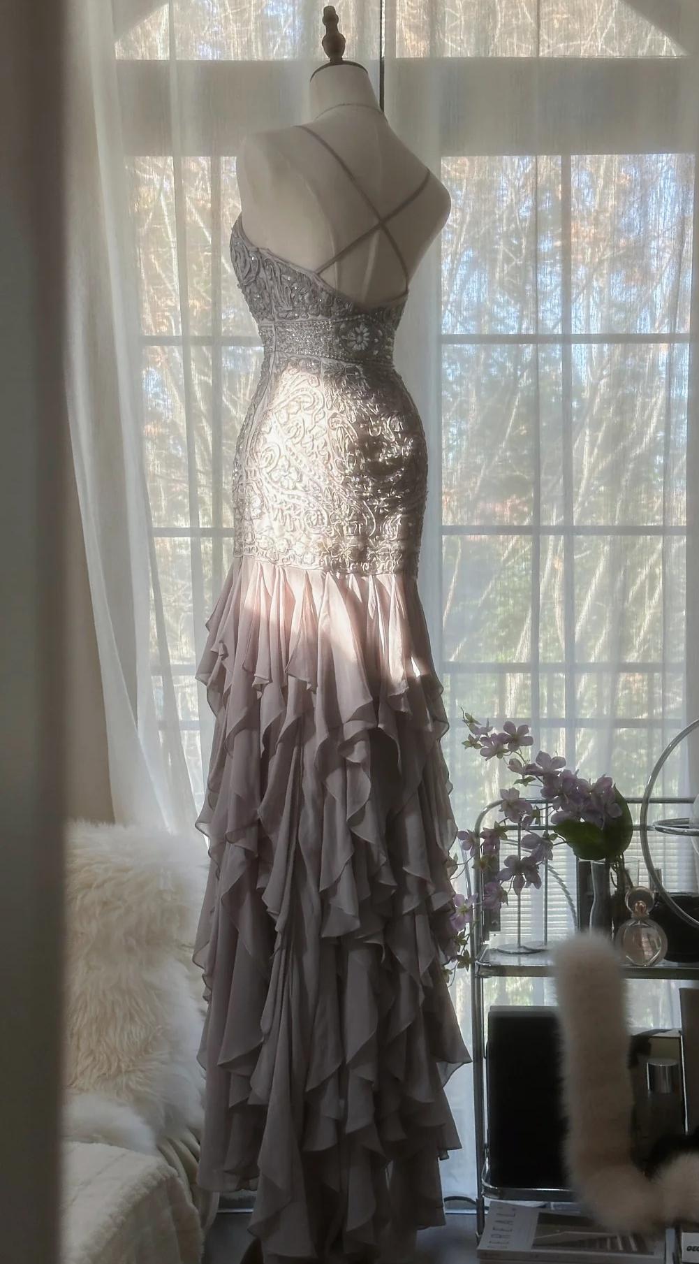 Ndyad Purple Spaghetti Strap Appliques Bodycon Open Back Evening Dresses Chiffon Sequin Long Prom Dresses HZ1024