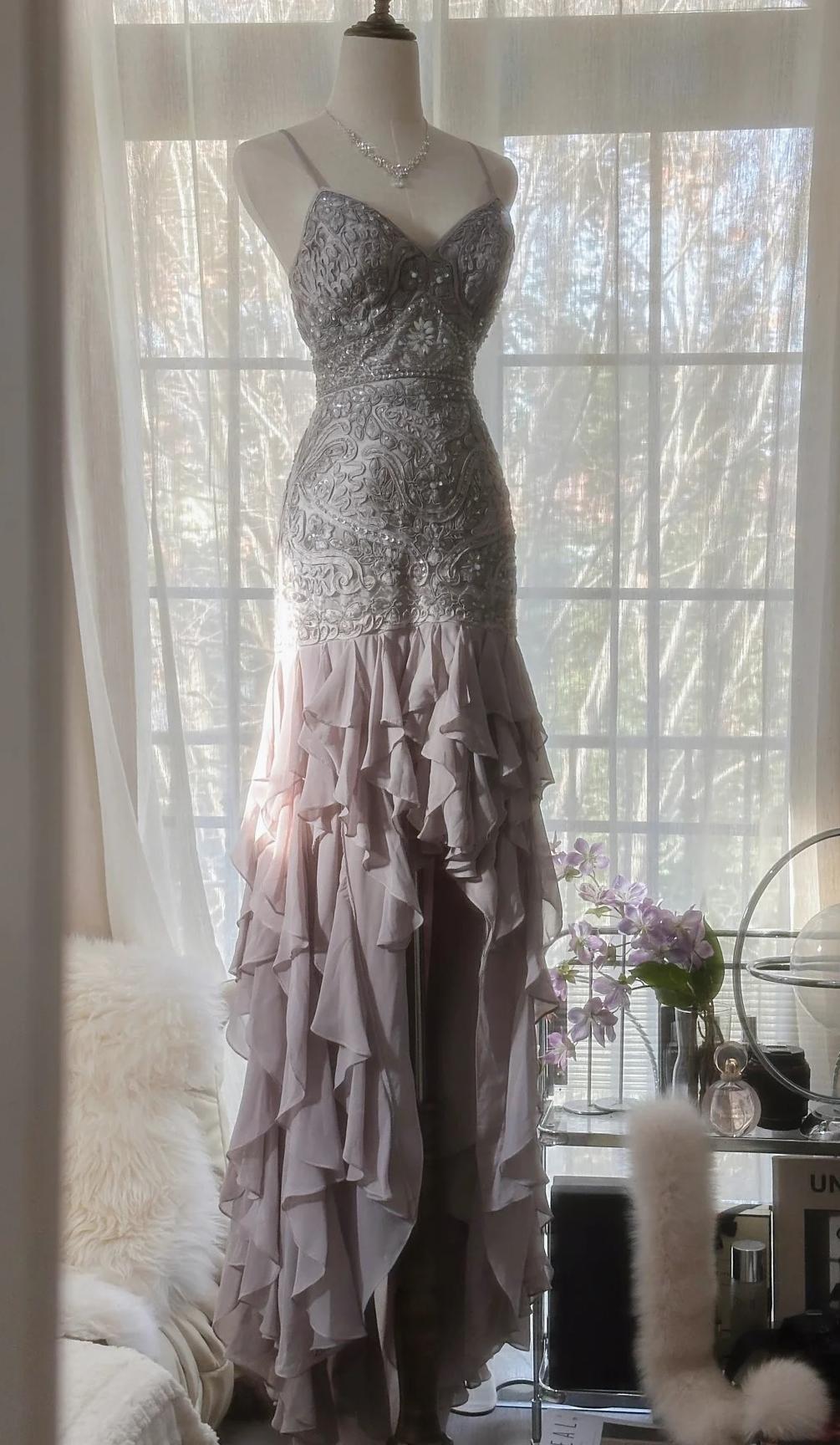 Ndyad Purple Spaghetti Strap Appliques Bodycon Open Back Evening Dresses Chiffon Sequin Long Prom Dresses HZ1024