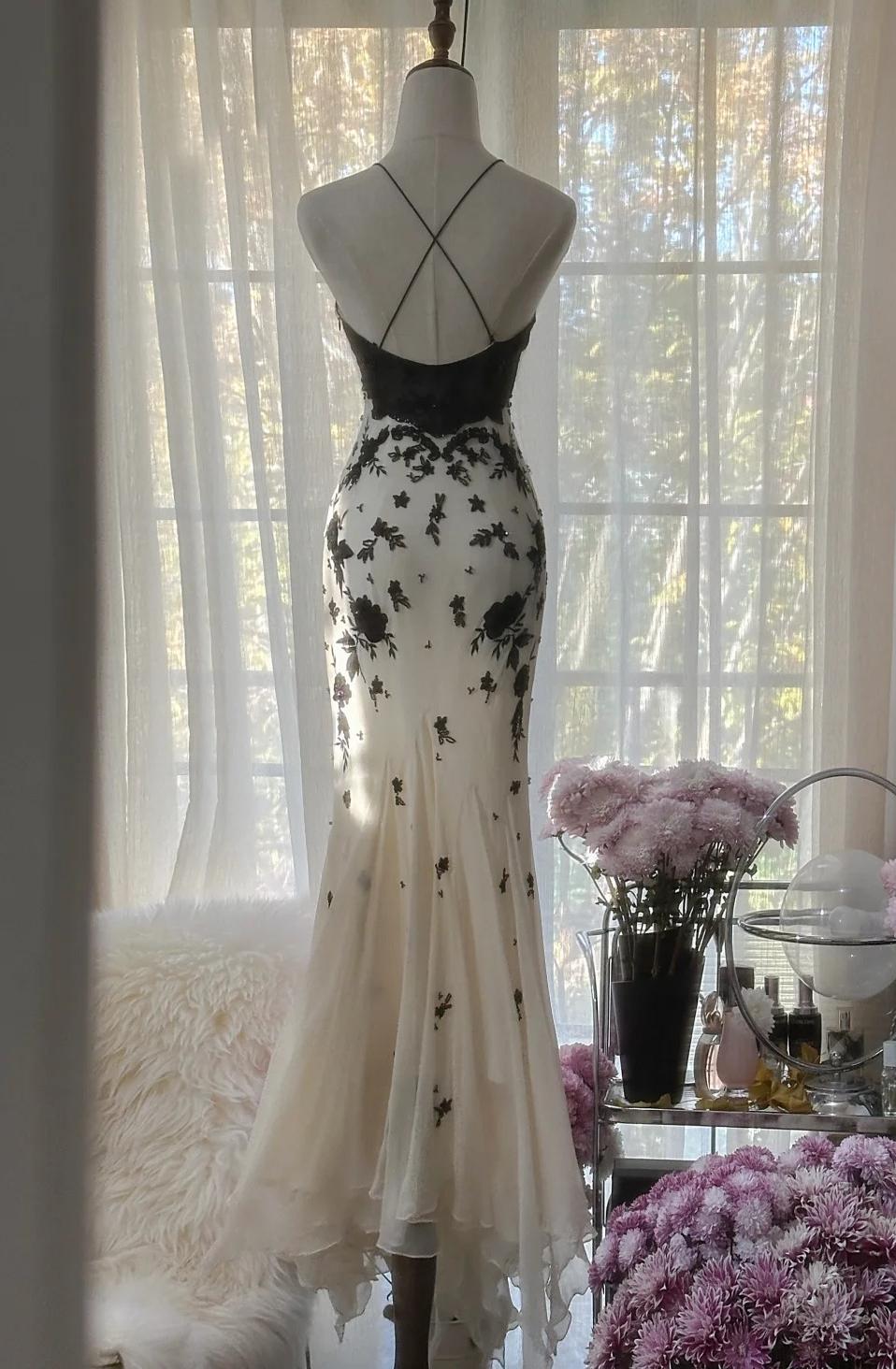Ndyad Spaghetti Strap Chiffon Applique Long Prom Dresses Temperament Party Dresses HZ1024