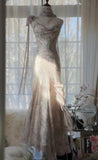 Ndyad Fairytale Pink Spaghetti Straps Mermaid Evening Gowns Vintage Elegant Beaded Silk Long Prom Dress Guest Dresses HZ1024