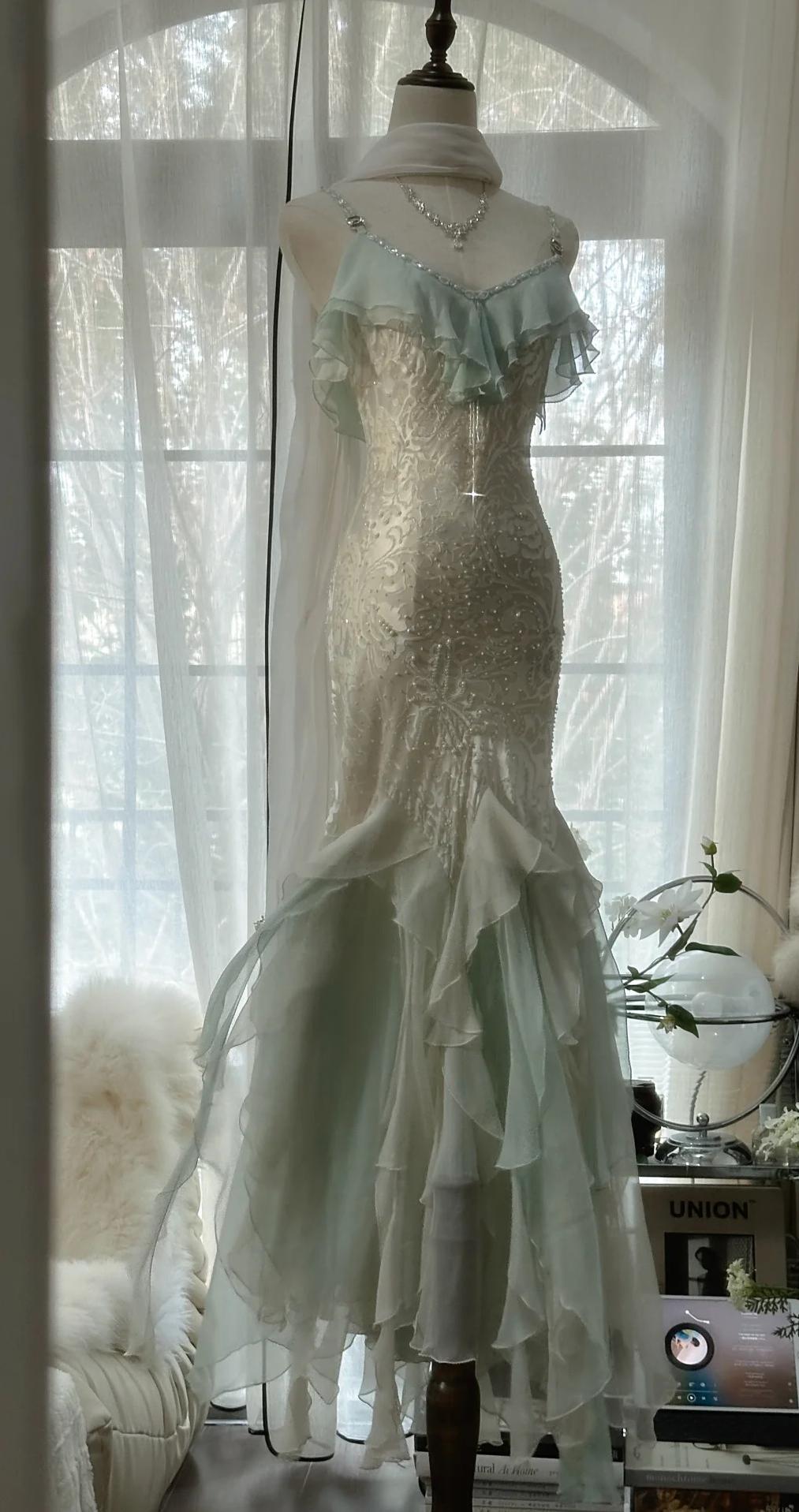 Ndyad Vintage Mint Green Chiffon Mermaid Beaded Long Prom Dresses Ruffled Fairytale Birthday Dresses HZ1024