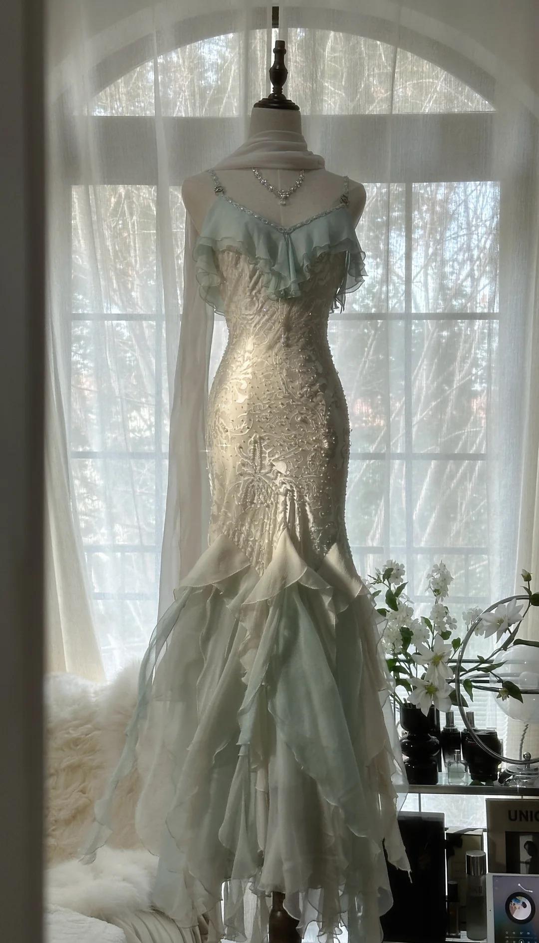 Ndyad Vintage Mint Green Chiffon Mermaid Beaded Long Prom Dresses Ruffled Fairytale Birthday Dresses HZ1024