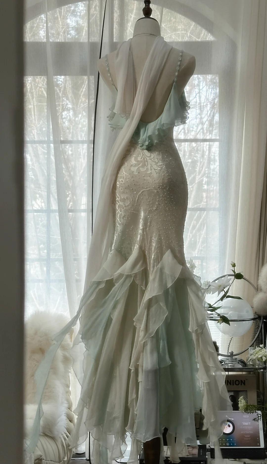 Ndyad Vintage Mint Green Chiffon Mermaid Beaded Long Prom Dresses Ruffled Fairytale Birthday Dresses HZ1024