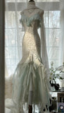 Ndyad Vintage Mint Green Chiffon Mermaid Beaded Long Prom Dresses Ruffled Fairytale Birthday Dresses HZ1024
