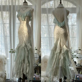 Ndyad Vintage Mint Green Chiffon Mermaid Beaded Long Prom Dresses Ruffled Fairytale Birthday Dresses HZ1024