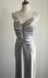 Ndyad Meimaid Satin Spaghetti Straps Beaded Long Prom Dress Sweetheart Neckline Formal Evening Dress HZ1024