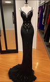 Ndyad Black Spaghetti Strap Mermaid Satin Prom Dresses Long Prom Dress HZ1024