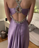 Ndyad Purple ??Satin Beaded Backless Long Prom Dress for Party&Birthday,Elegant Wedding Guest Outfits HZ1024