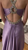 Ndyad Purple ??Satin Beaded Backless Long Prom Dress for Party&Birthday,Elegant Wedding Guest Outfits HZ1024