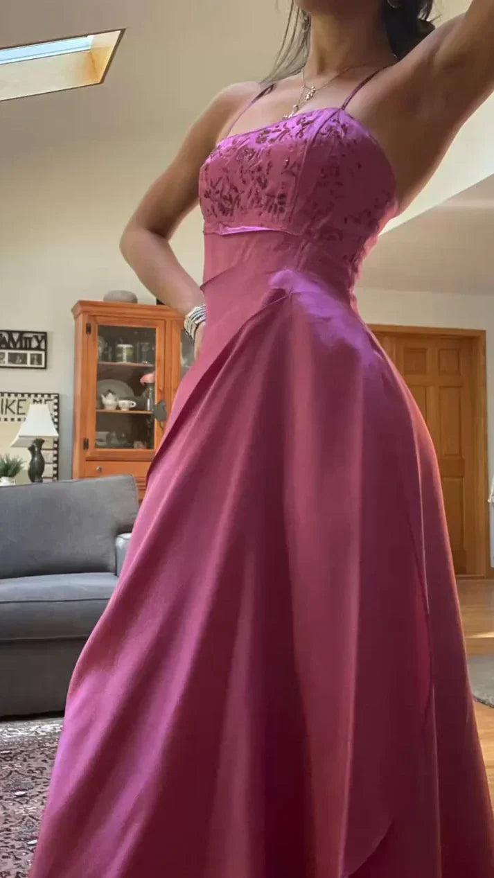 Ndyad Spaghetti Straps A-Line Fuchsia Beaded Satin Prom Dresses Gorgeous Wedding Guest Dresses with Shawl HZ1024