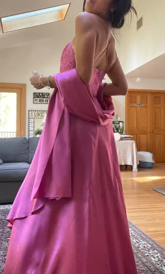 Ndyad Spaghetti Straps A-Line Fuchsia Beaded Satin Prom Dresses Gorgeous Wedding Guest Dresses with Shawl HZ1024