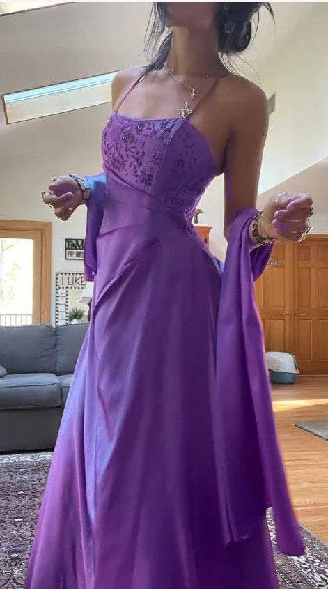Ndyad Spaghetti Straps A-Line Fuchsia Beaded Satin Prom Dresses Gorgeous Wedding Guest Dresses with Shawl HZ1024