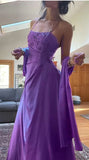 Ndyad Spaghetti Straps A-Line Fuchsia Beaded Satin Prom Dresses Gorgeous Wedding Guest Dresses with Shawl HZ1024