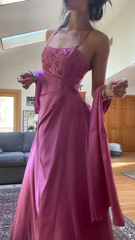 Ndyad Spaghetti Straps A-Line Fuchsia Beaded Satin Prom Dresses Gorgeous Wedding Guest Dresses with Shawl HZ1024