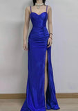 Ndyad Blue Elegant Spaghetti Straps Slit Long Prom Dress Charming Birthday Party Dress HZ1024