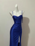 Ndyad Blue Elegant Spaghetti Straps Slit Long Prom Dress Charming Birthday Party Dress HZ1024