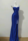 Ndyad Blue Elegant Spaghetti Straps Slit Long Prom Dress Charming Birthday Party Dress HZ1024