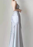 Ndyad Silver Mermaid Spaghetti Straps Satin Long Prom Dress Beaded Evening Dress HZ1024