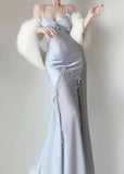 Ndyad Silver Mermaid Spaghetti Straps Satin Long Prom Dress Beaded Evening Dress HZ1024