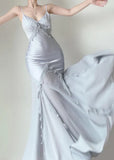 Ndyad Silver Mermaid Spaghetti Straps Satin Long Prom Dress Beaded Evening Dress HZ1024