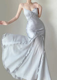 Ndyad Silver Mermaid Spaghetti Straps Satin Long Prom Dress Beaded Evening Dress HZ1024