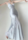 Ndyad Silver Mermaid Spaghetti Straps Satin Long Prom Dress Beaded Evening Dress HZ1024