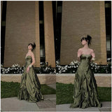Ndyad Forest Green A-Line Long Prom Dresses With Silver Beads Sweet Strapless Satin Evening Dresses HZ1024
