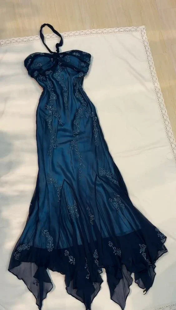 Ndyad Blue Chiffon Long Prom Dresses Elegant Beaded Party Dresses HZ1024