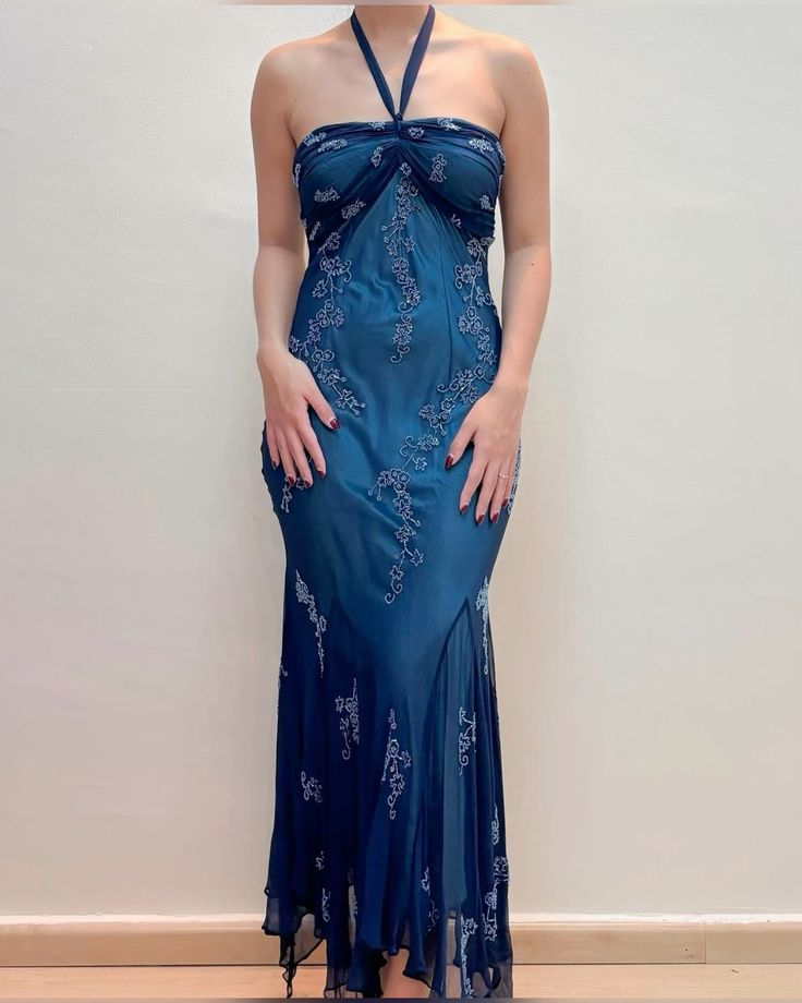 Ndyad Blue Chiffon Long Prom Dresses Elegant Beaded Party Dresses HZ1024