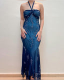 Ndyad Blue Chiffon Long Prom Dresses Elegant Beaded Party Dresses HZ1024