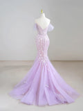 Ndyad Off-Shoulder Tulle Sequin Long Prom Dress Purple Formal Dress HZ1024
