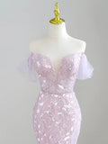 Ndyad Off-Shoulder Tulle Sequin Long Prom Dress Purple Formal Dress HZ1024