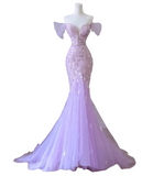 Ndyad Off-Shoulder Tulle Sequin Long Prom Dress Purple Formal Dress HZ1024