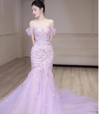 Ndyad Off-Shoulder Tulle Sequin Long Prom Dress Purple Formal Dress HZ1024