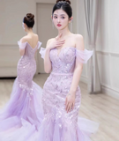 Ndyad Off-Shoulder Tulle Sequin Long Prom Dress Purple Formal Dress HZ1024